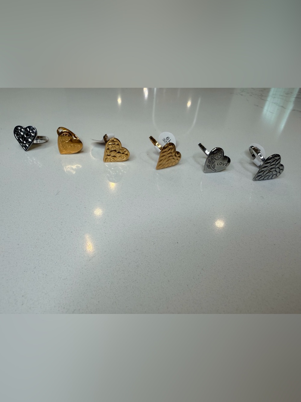 6 Piece Heart Ring Lot Gold & Silver Tone Mixed Sizes